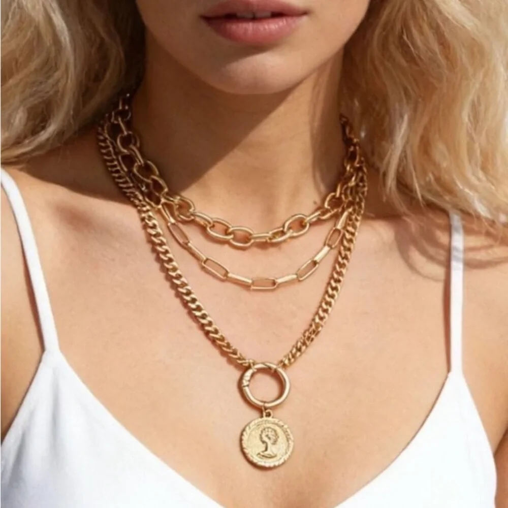 Vintage 24k Gold  Plated Layered Necklace Trendy Chunky Cuban Link Paperclip Cha - Picture 2 of 11